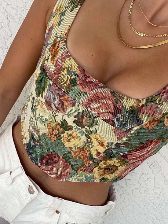 Cider Tops - Cider Tapestry Floral Scoop Crop Top - Cream, Green, Red, Yellow